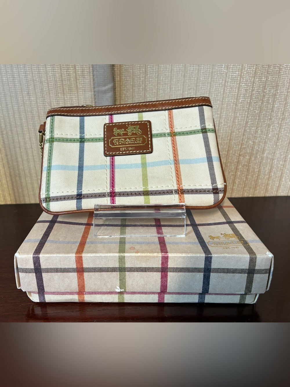 Coach Multicolor Plaid Canvas Wristlet with Leather Trim